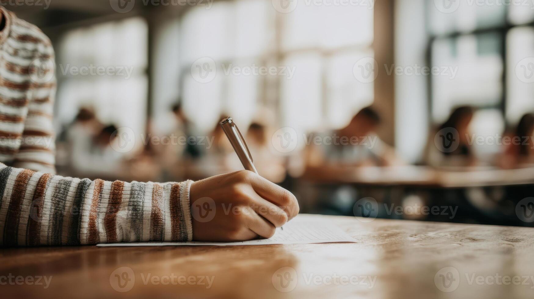 The student writing notes during an important classroom examination. photo