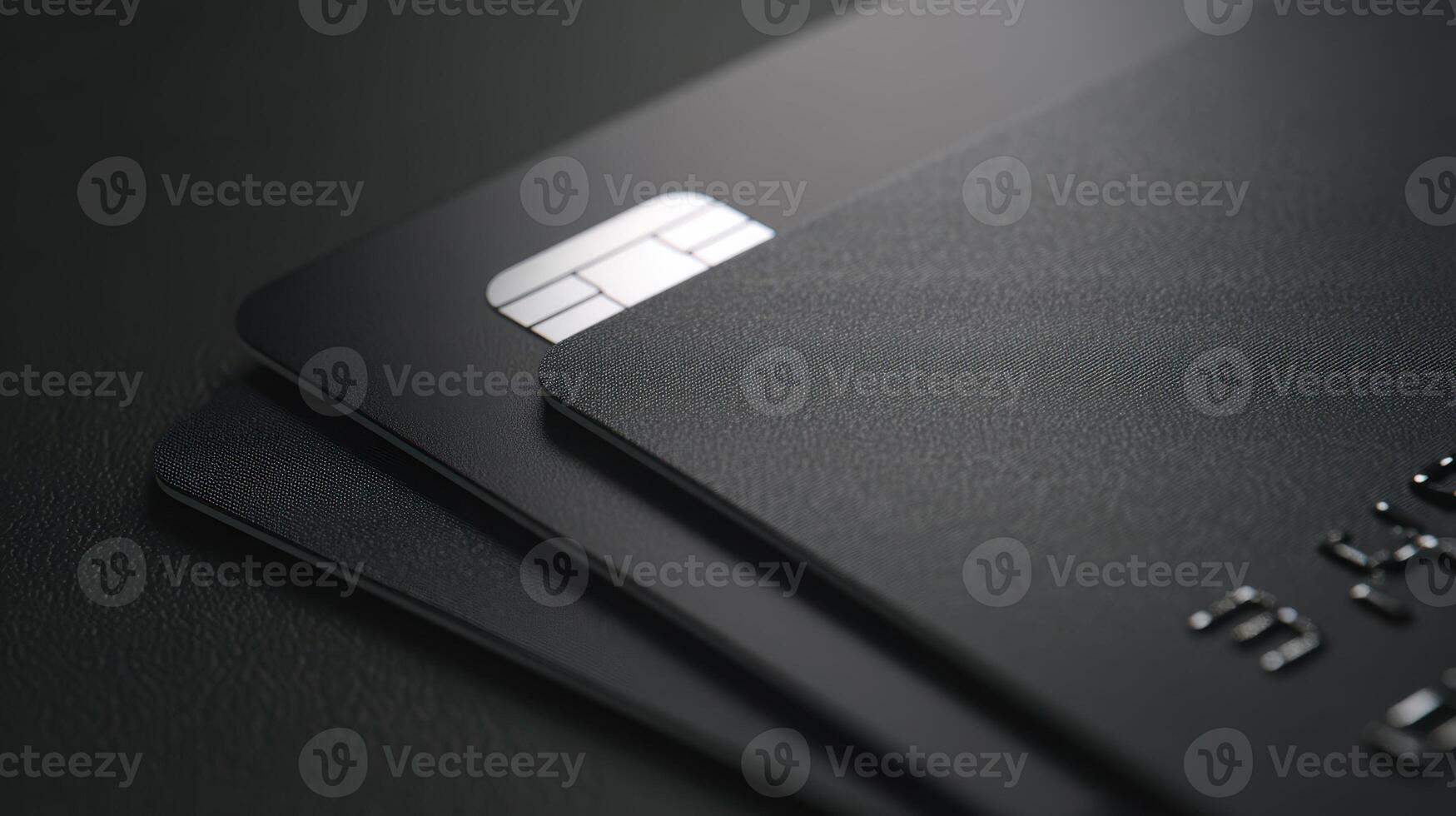 The luxurious black credit cards stacked on a sleek surface. photo