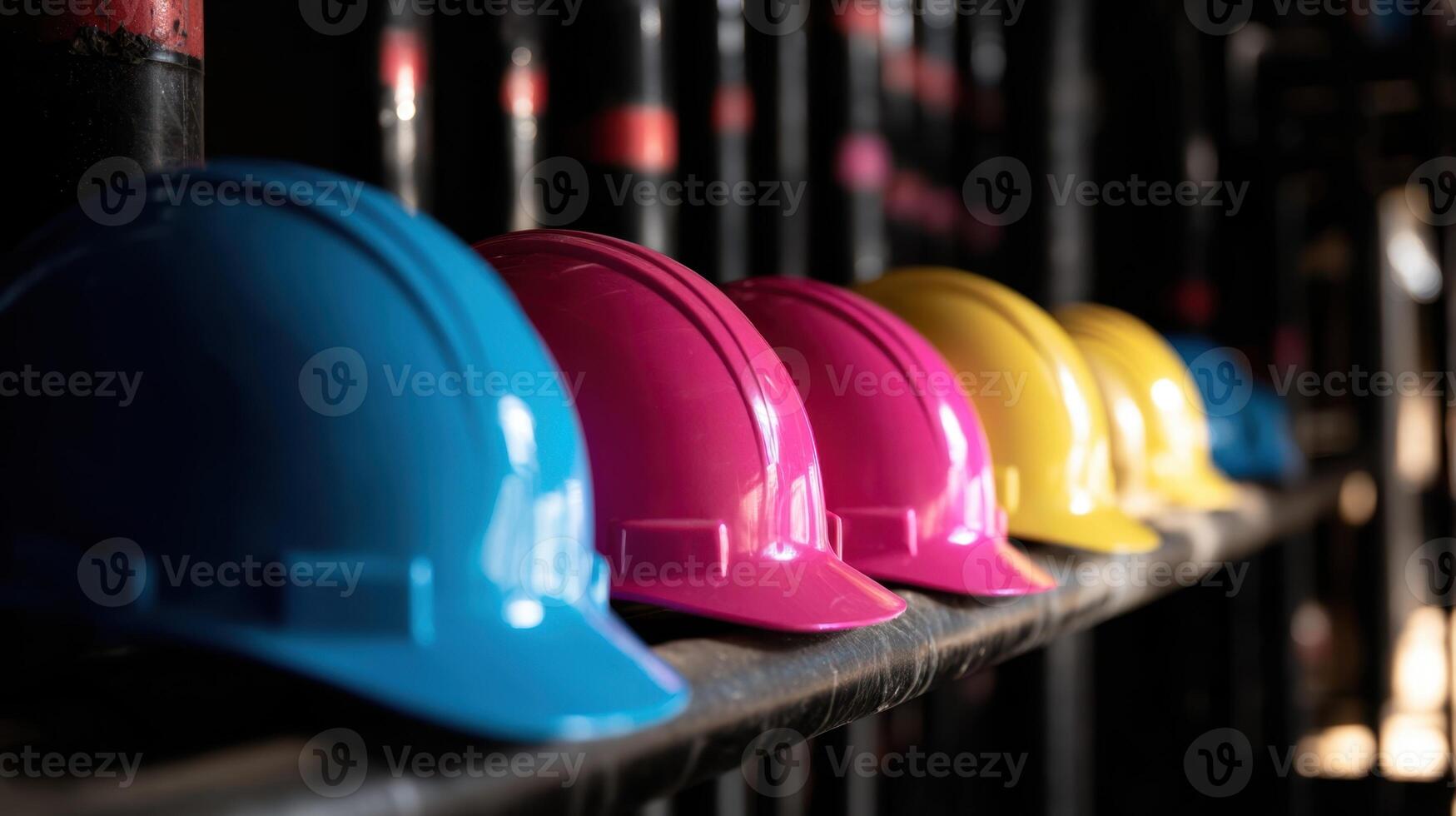 The colorful hard hats lined up in a construction site environment photo