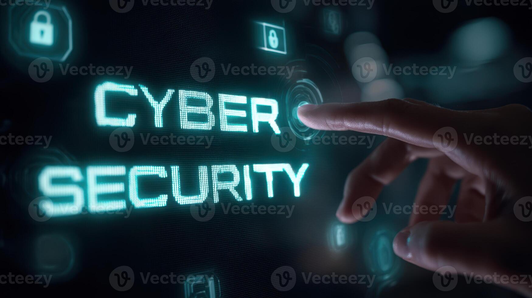 The hand interacting with a digital display of Cyber Security concepts. photo