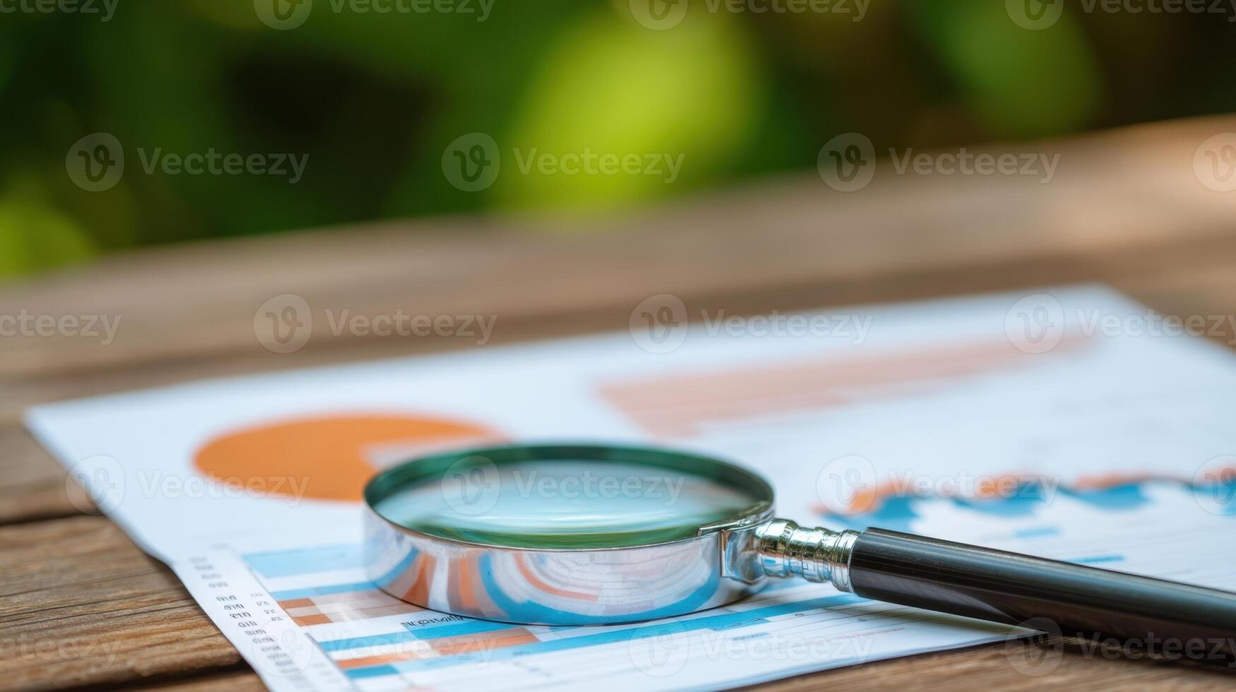 The magnifying glass focuses on business analysis and detailed financial reports. photo
