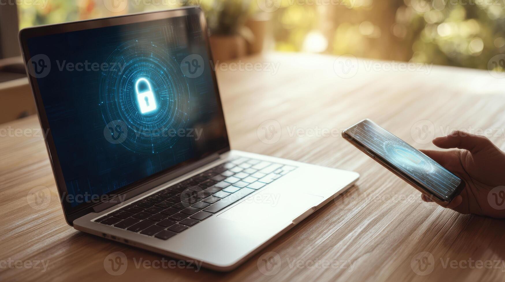 The laptop and smartphone displaying digital security lock concepts. photo