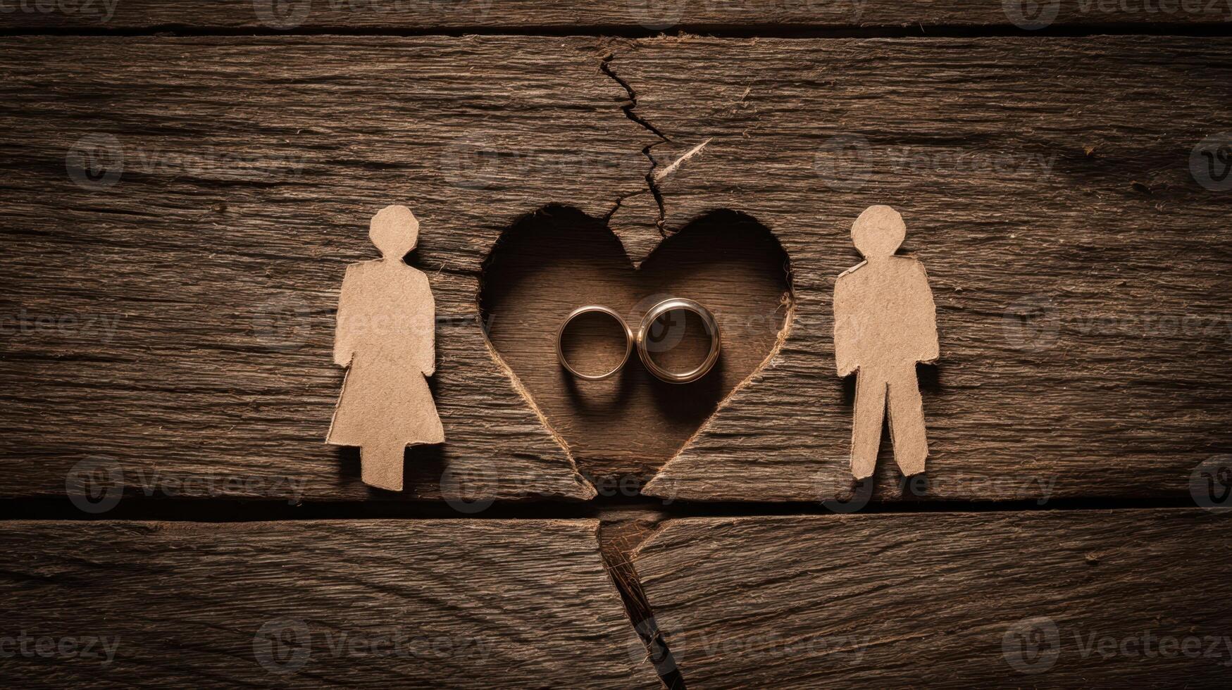 The cardboard figures representing love and unity with wedding rings in a heart. photo