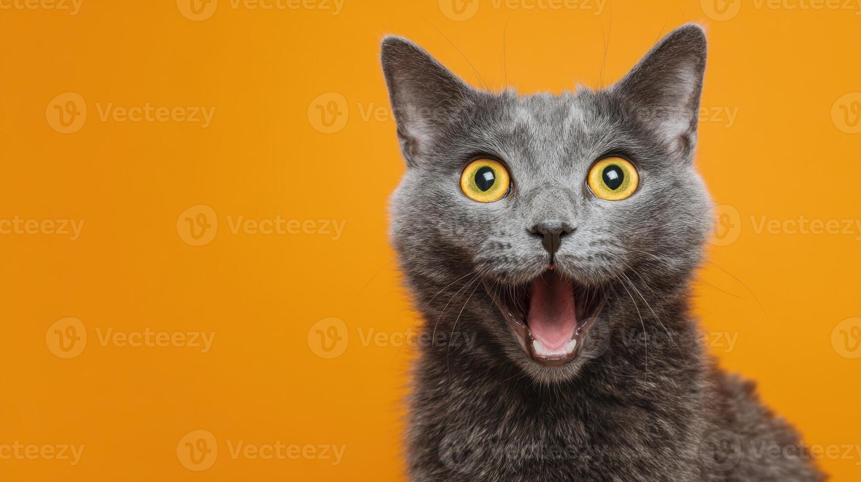 The adorable gray cat showcasing a vibrant expression against a bright orange backdrop. photo