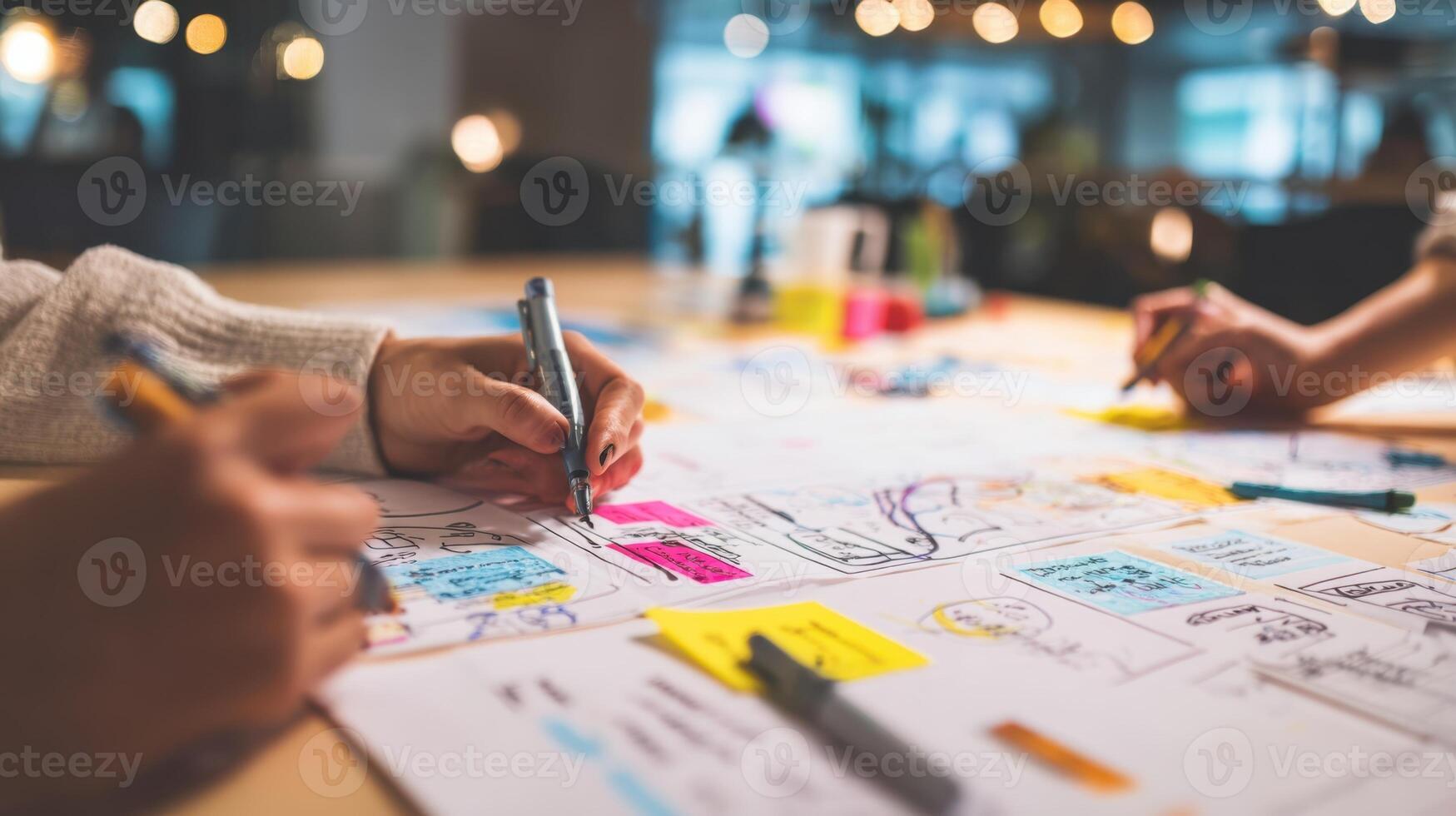 The creative process of brainstorming ideas during a collaborative team meeting. photo