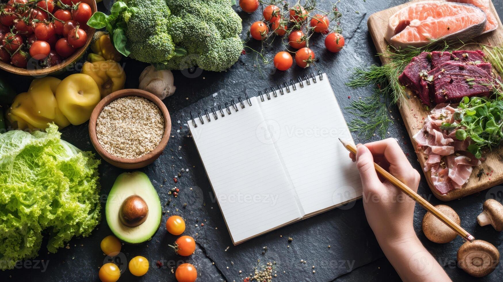 The hand writing in a notebook surrounded by fresh vegetables and healthy ingredients. photo