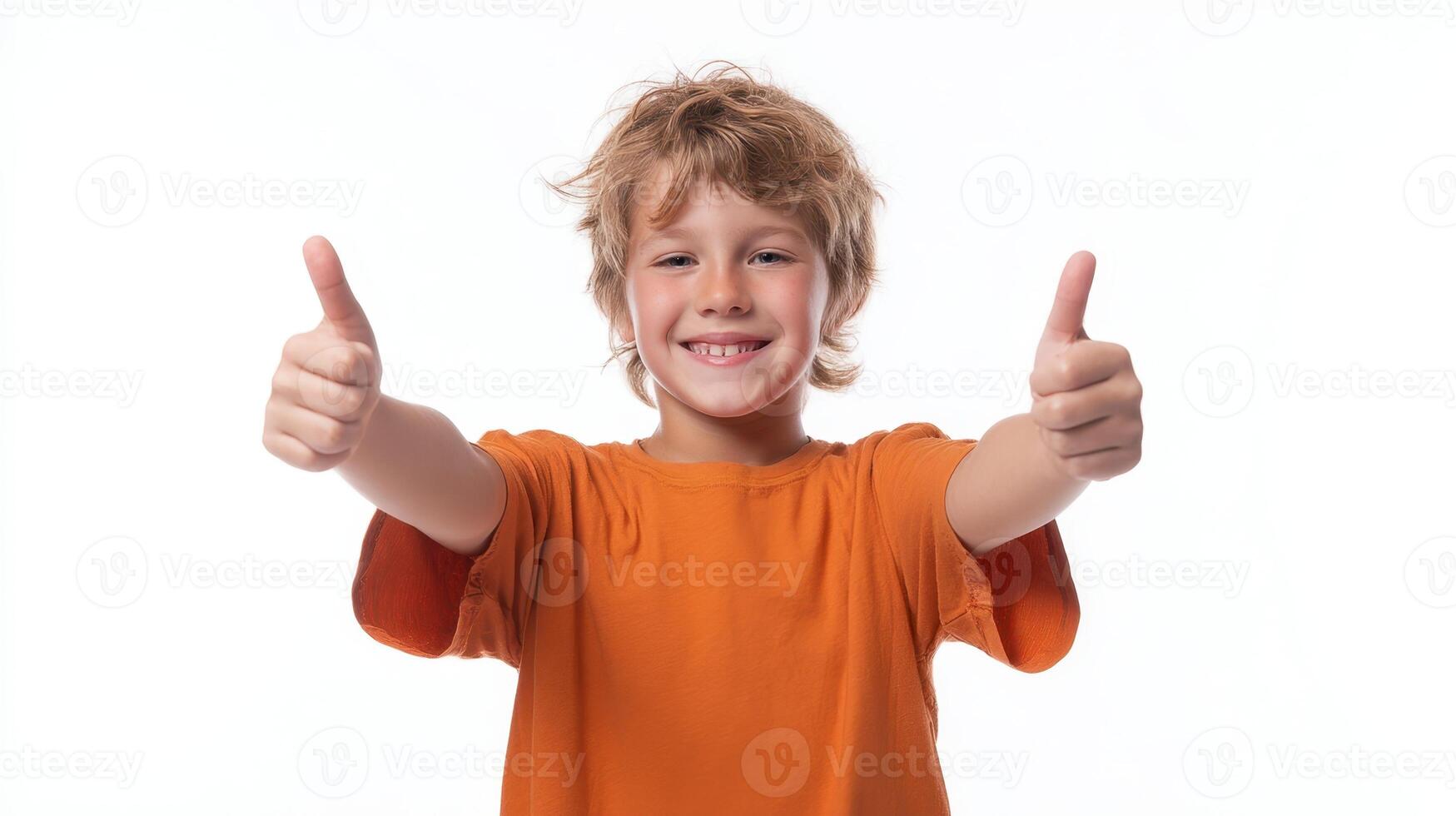 The cheerful boy giving thumbs-up with a big smile in a studio setting. photo