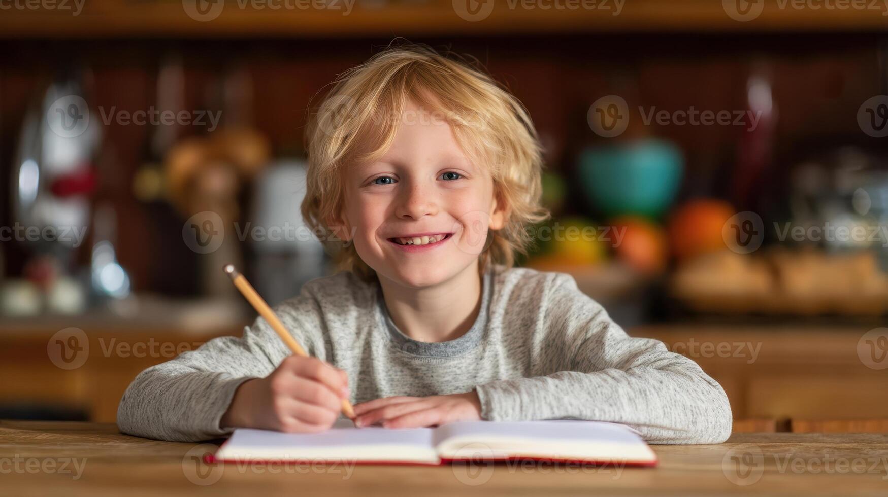 The cheerful boy writing in his notebook at home with a smile. photo