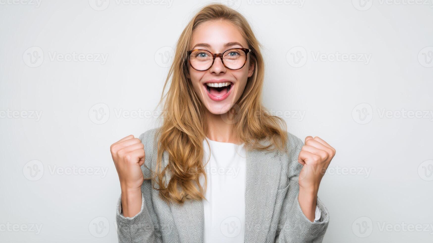 The excited woman celebrating success with joy and enthusiasm in a studio setting. photo