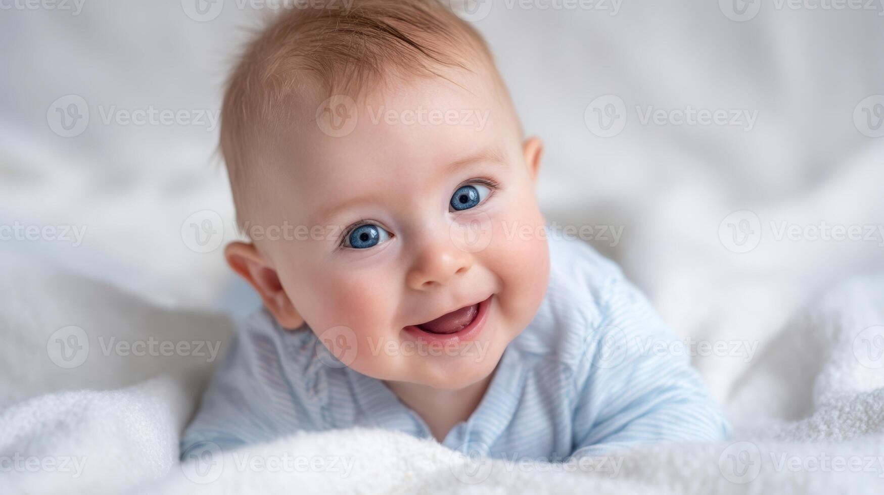 The adorable baby with bright blue eyes smiling on a soft blanket photo