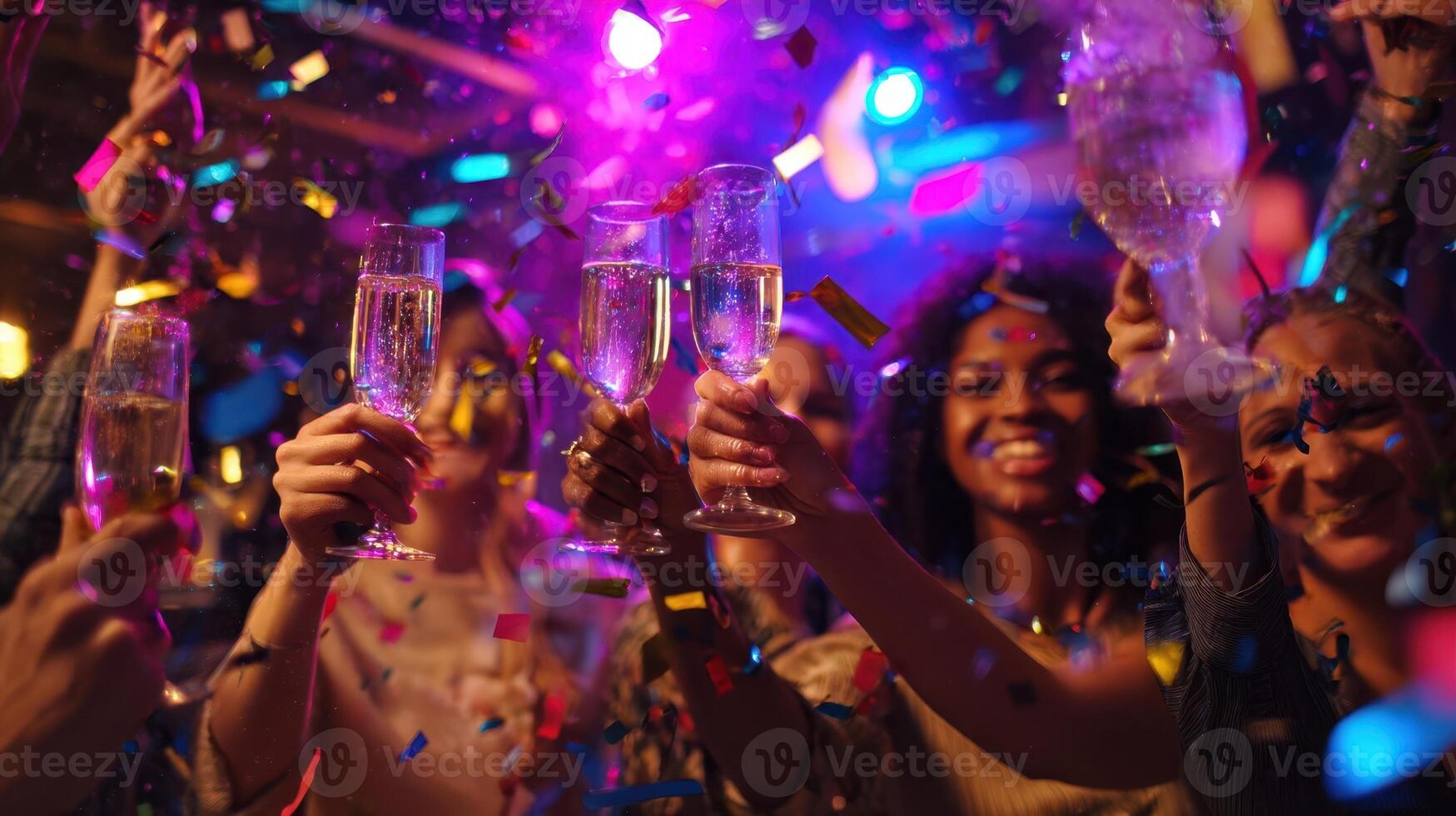 The joyful celebration of friends toasting with glasses at a lively party. photo