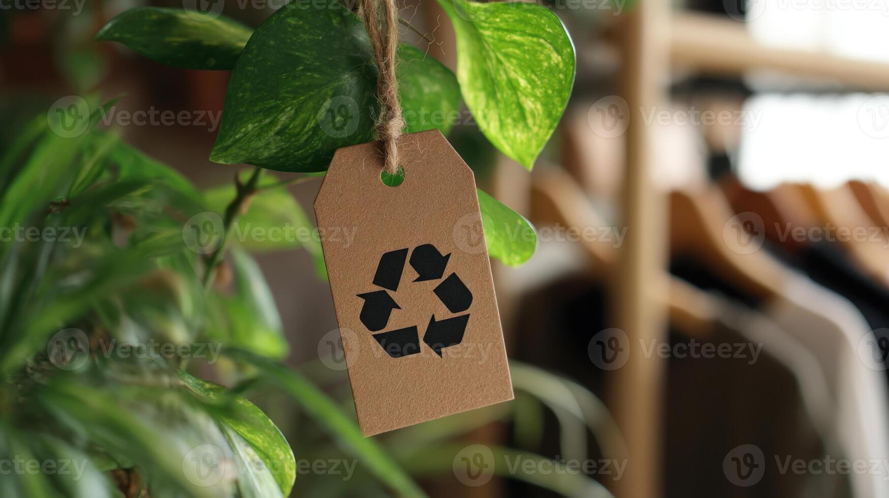 The recycling tag hanging from a vibrant green plant indoors. photo