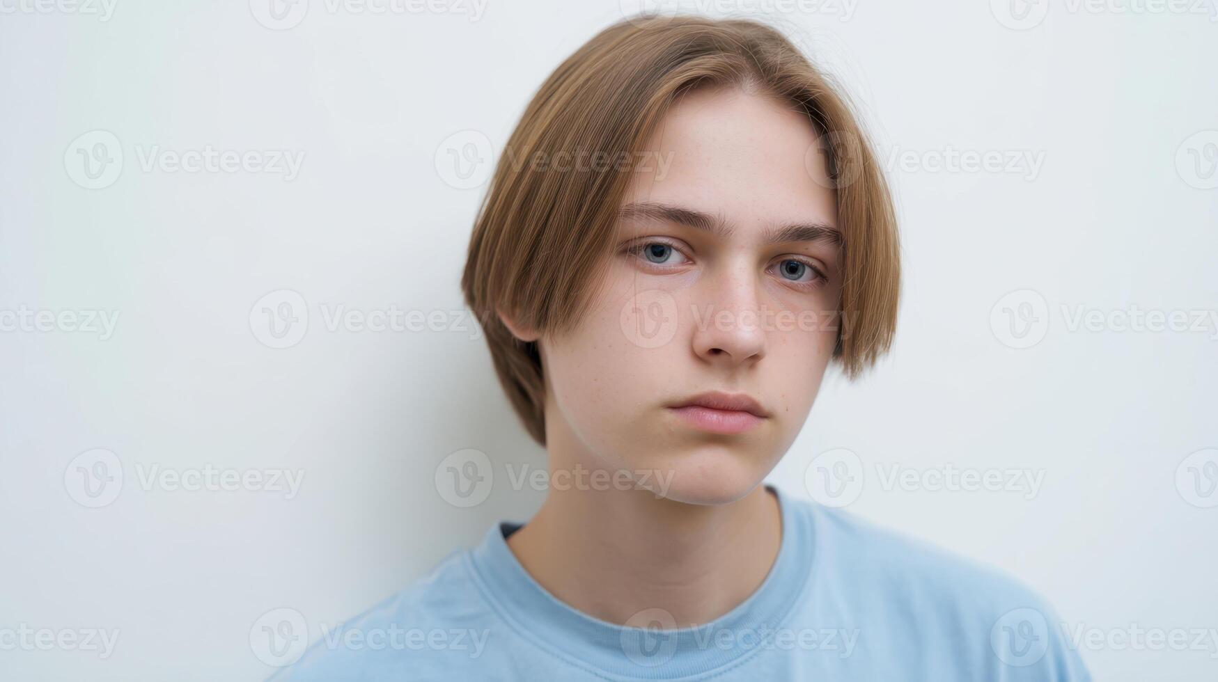 The thoughtful teenager with soulful eyes in a simple blue shirt. photo