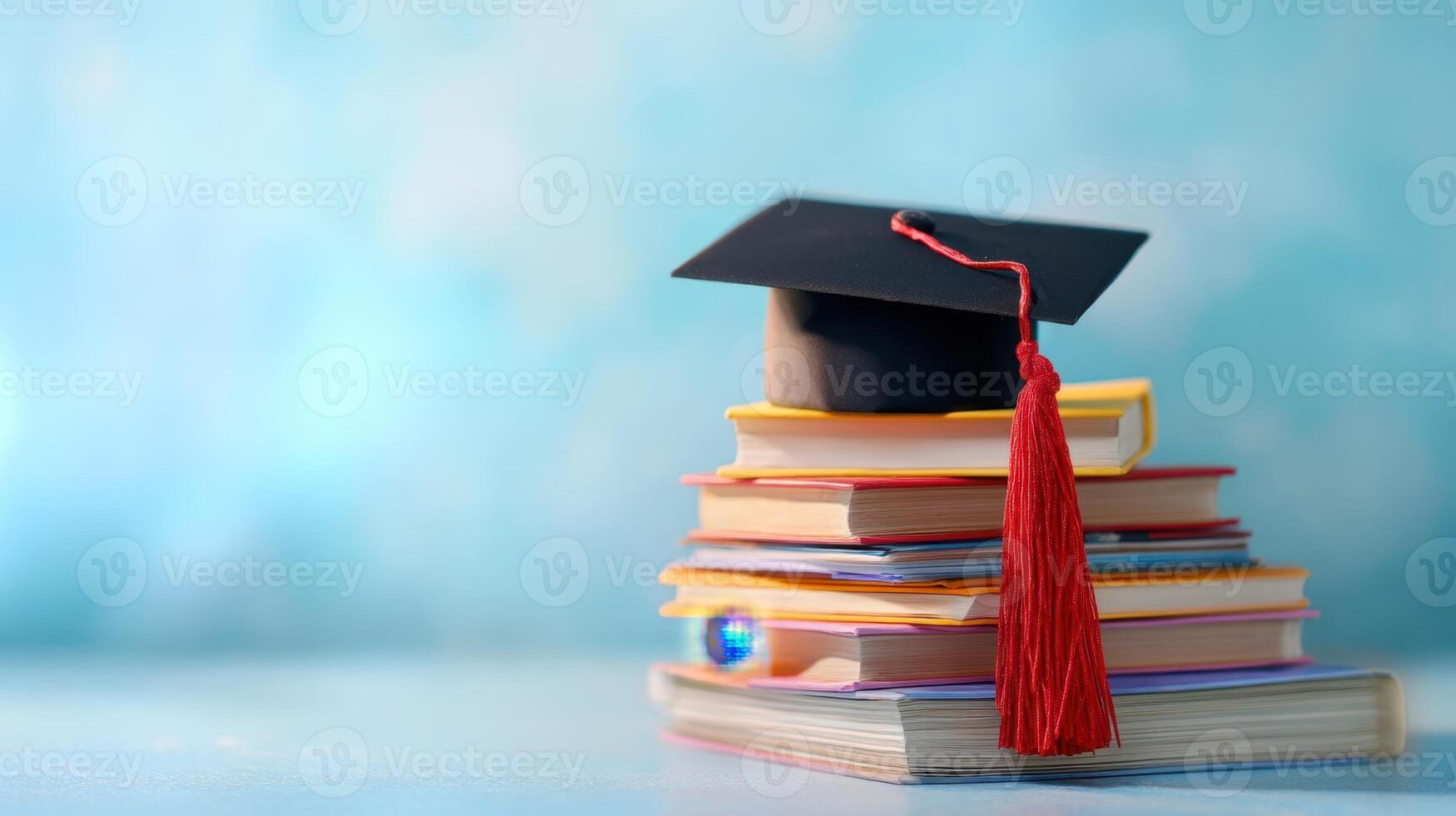 The graduation cap atop colorful books symbolizing academic achievement and education. photo