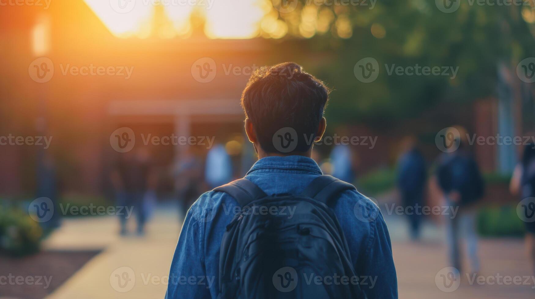 The student enjoying a sunset walk through a bustling campus environment. photo