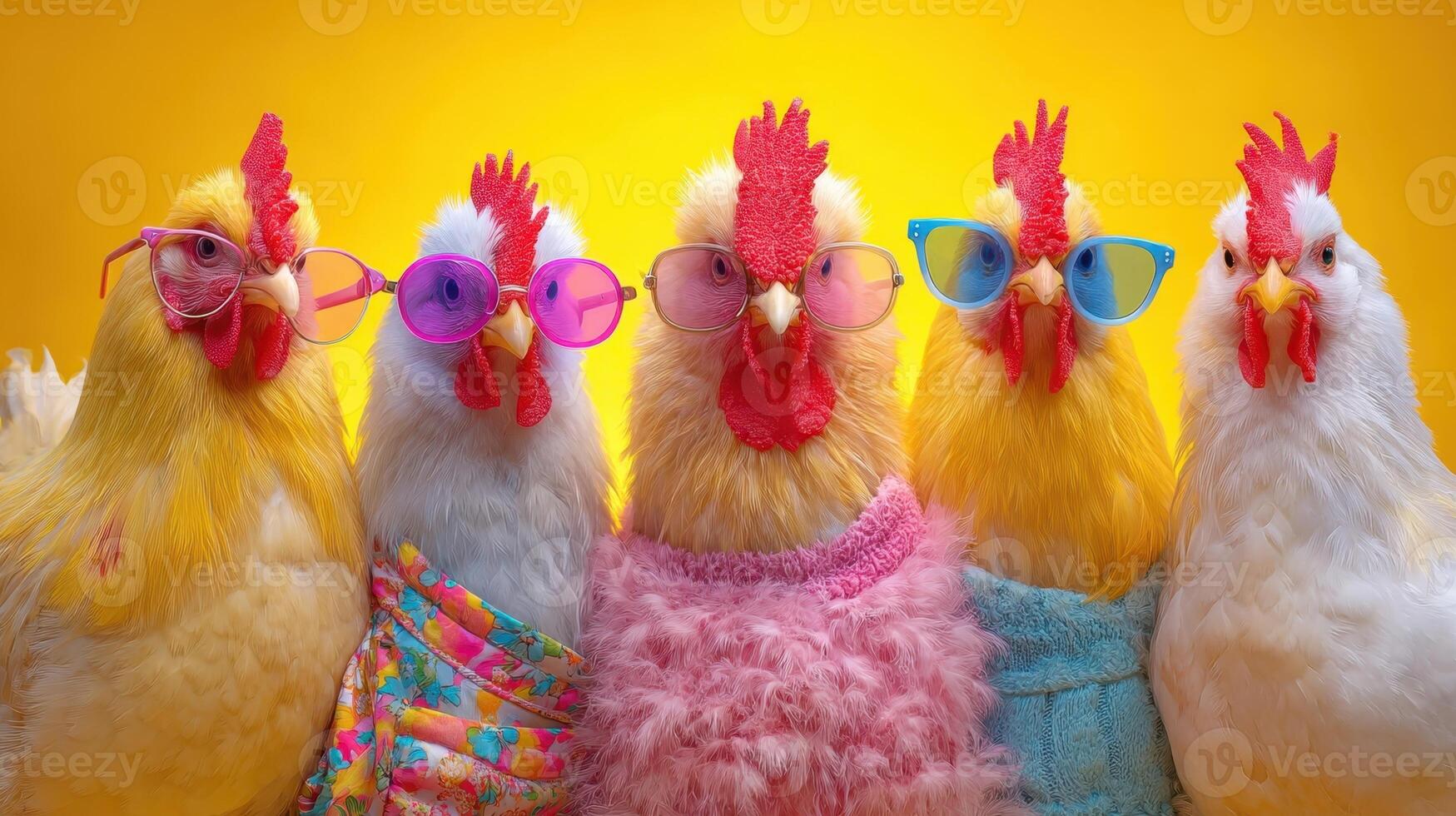 The Chickens in Colorful Costumes with Sunglasses in a Playful Setting photo