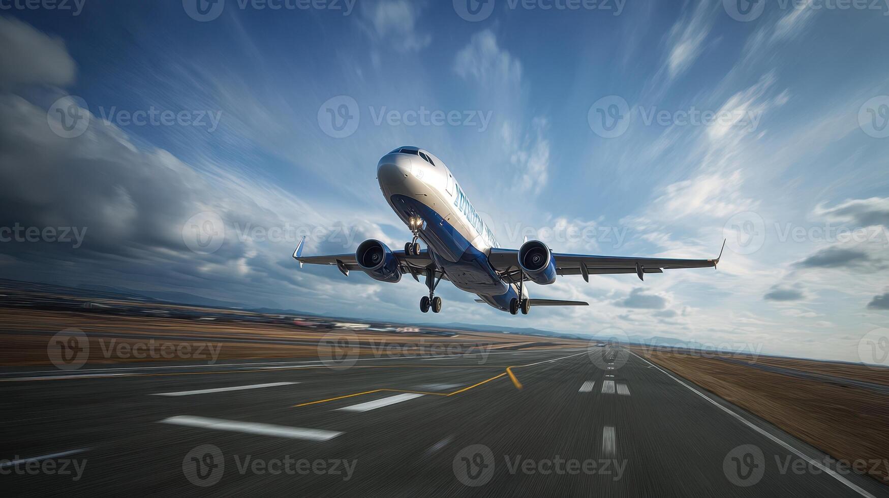 The airplane taking off against a dramatic sky and expansive landscape. photo