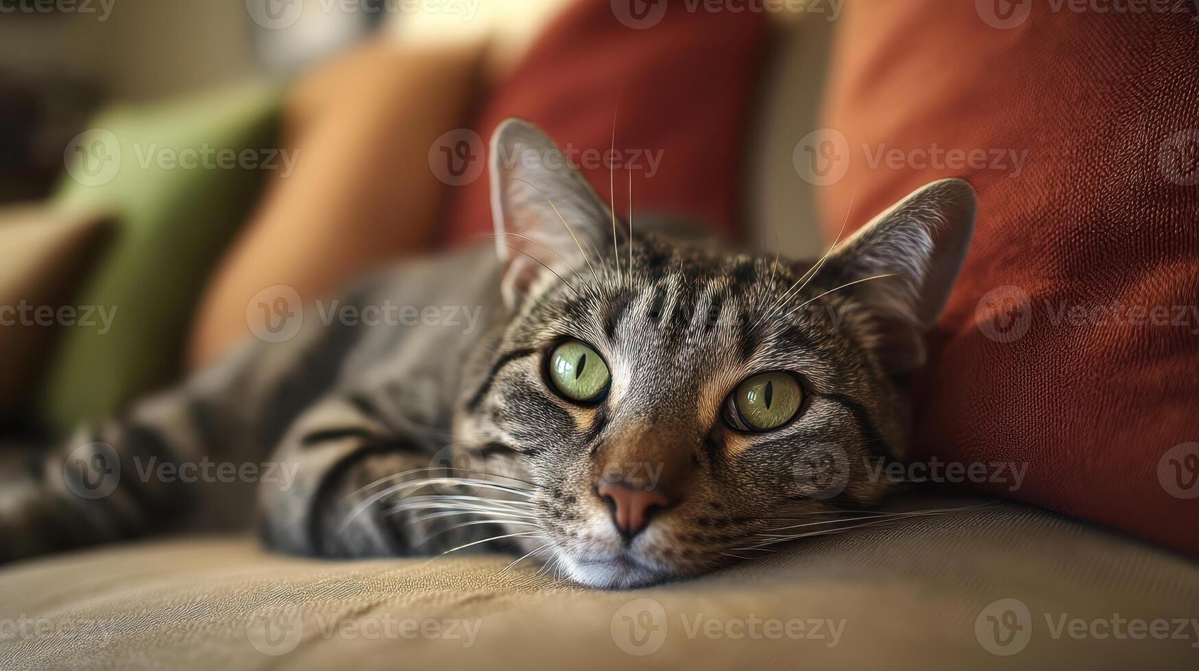 The tabby cat lounging comfortably on a couch surrounded by colorful cushions. photo