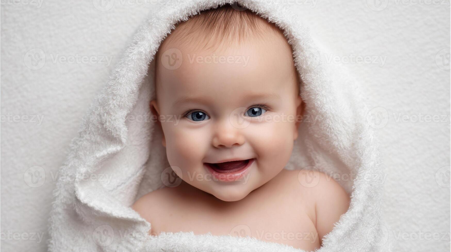 The adorable baby wrapped in a fluffy white blanket with a joyful smile. photo