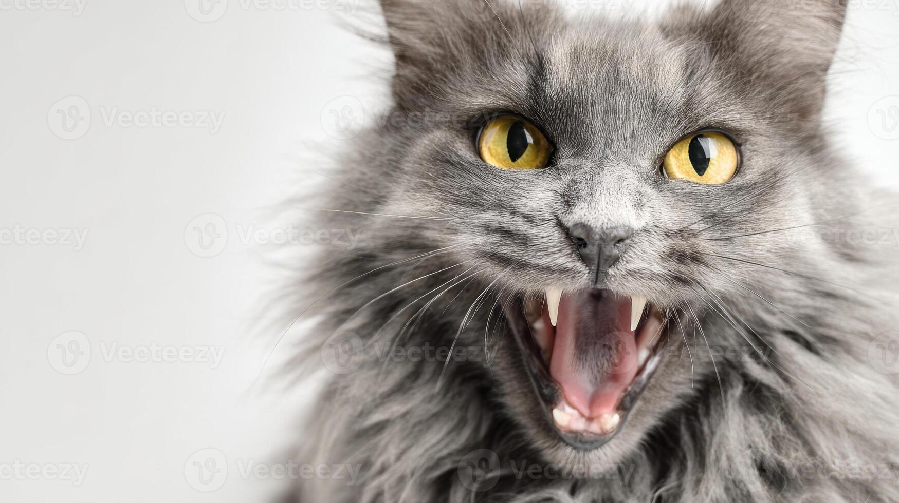 The fierce gray cat displaying its charming personality through playful growls. photo