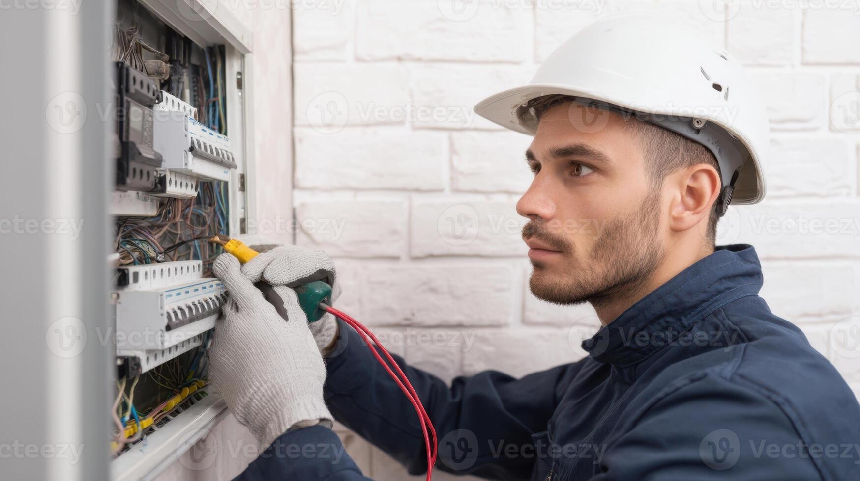 The electrician repairing an electrical panel with tools and precision. photo