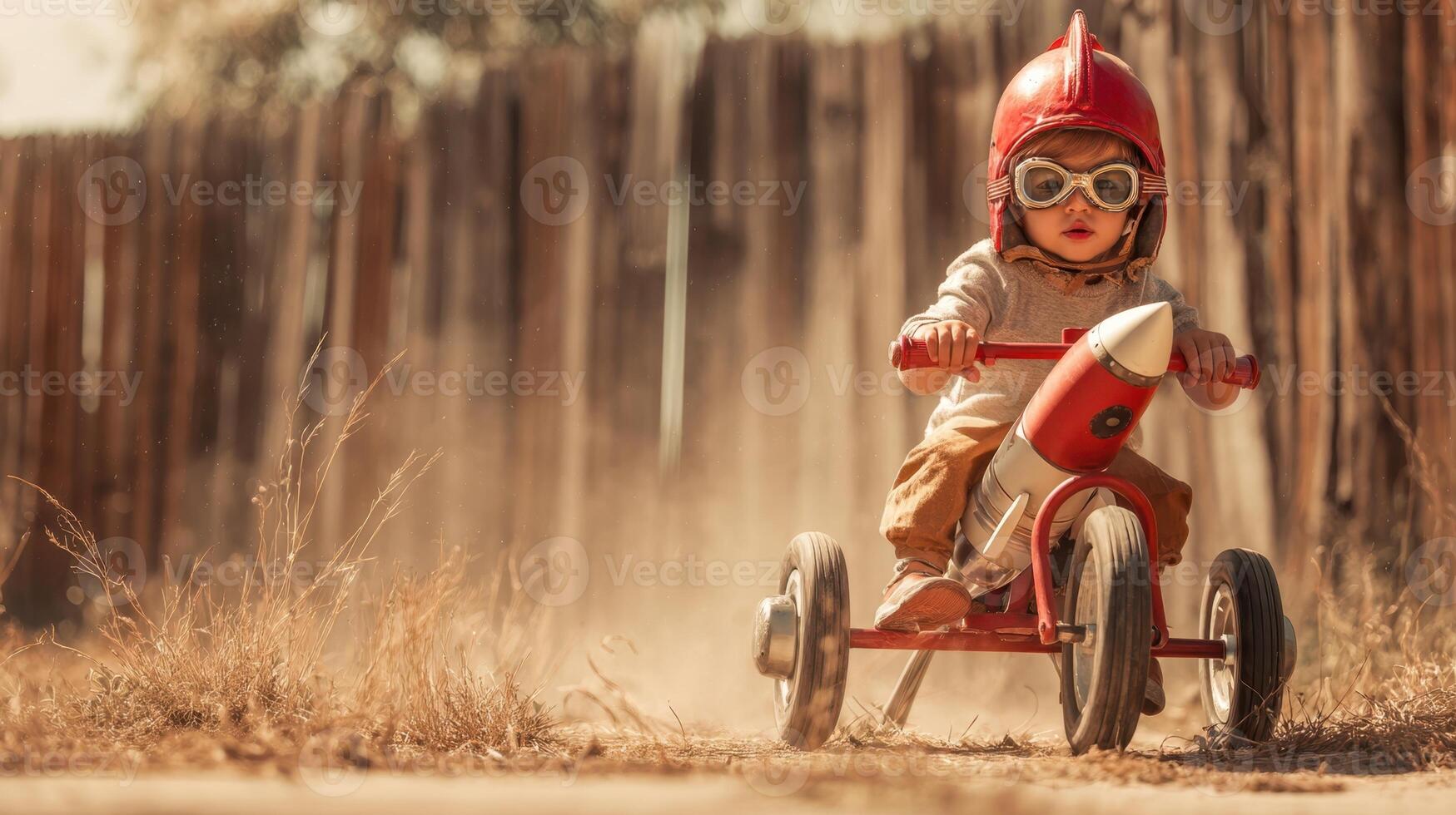 The child in a red helmet riding a tricycle with a rocket. photo