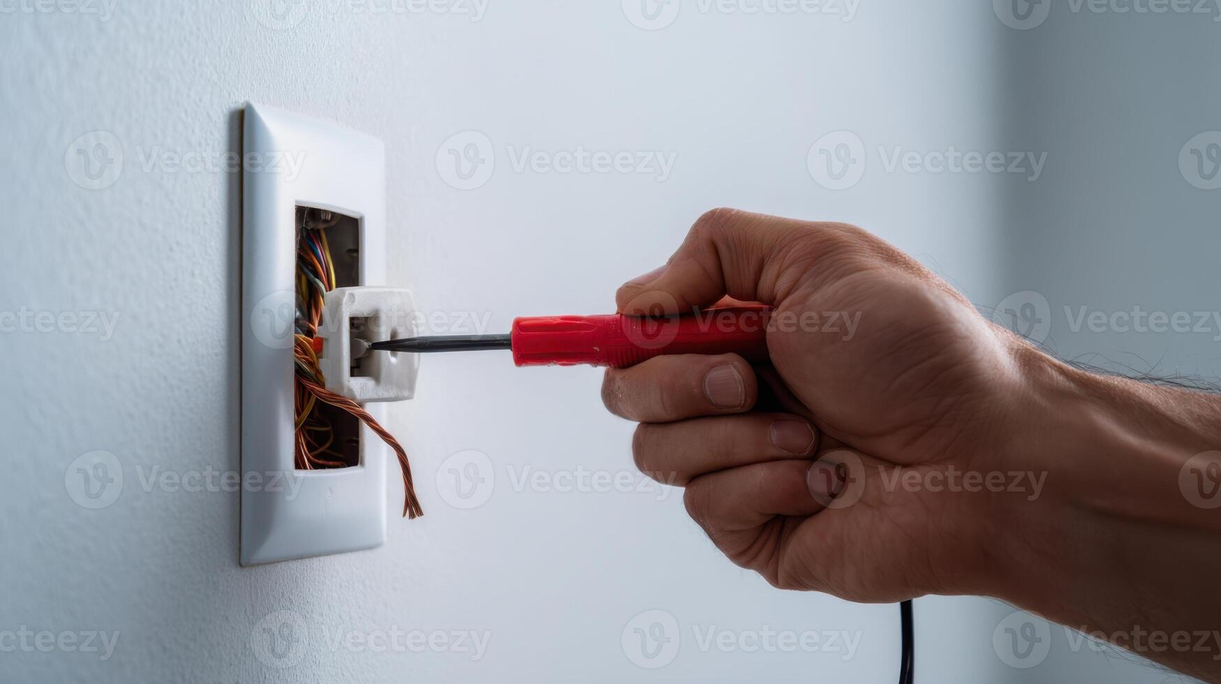 The electrician testing wires with a screwdriver in a residential outlet. photo