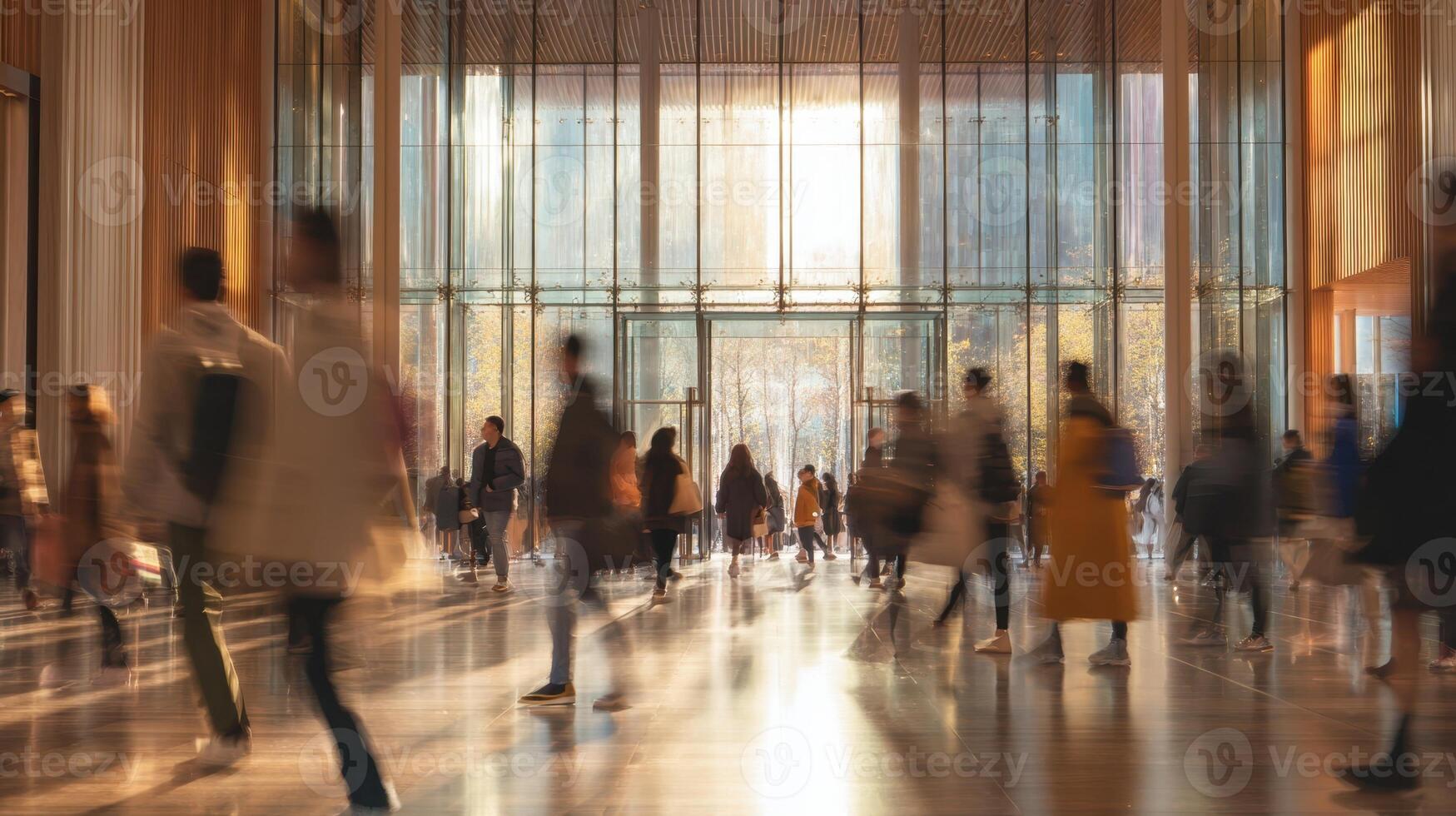 The bustling urban lobby filled with people moving through bright glass doors. photo
