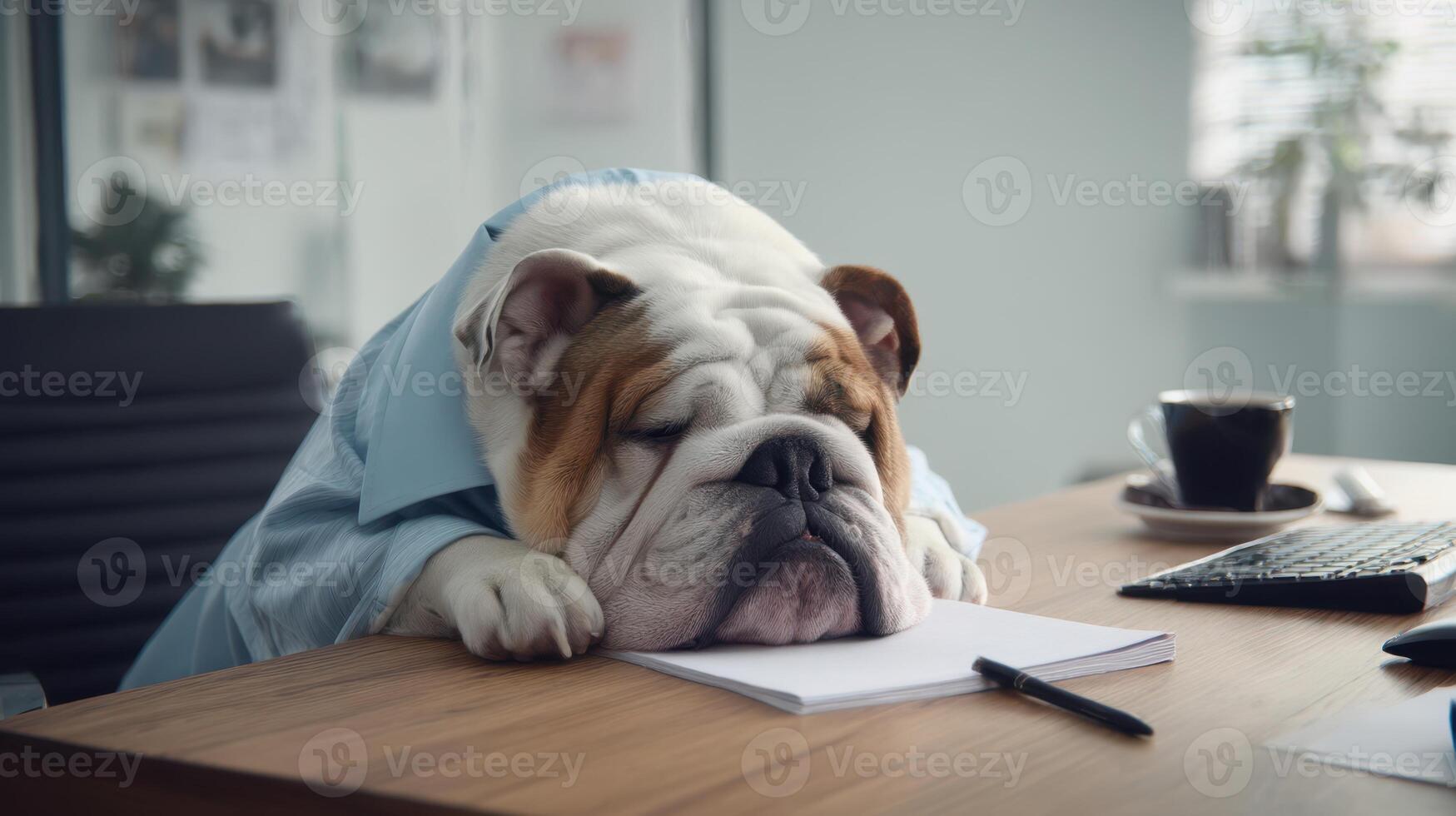 The tired bulldog napping on a desk in a busy office setting photo