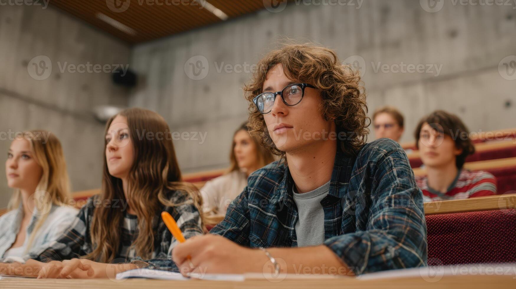 The student in a modern classroom engaged in a lecture with peers. photo