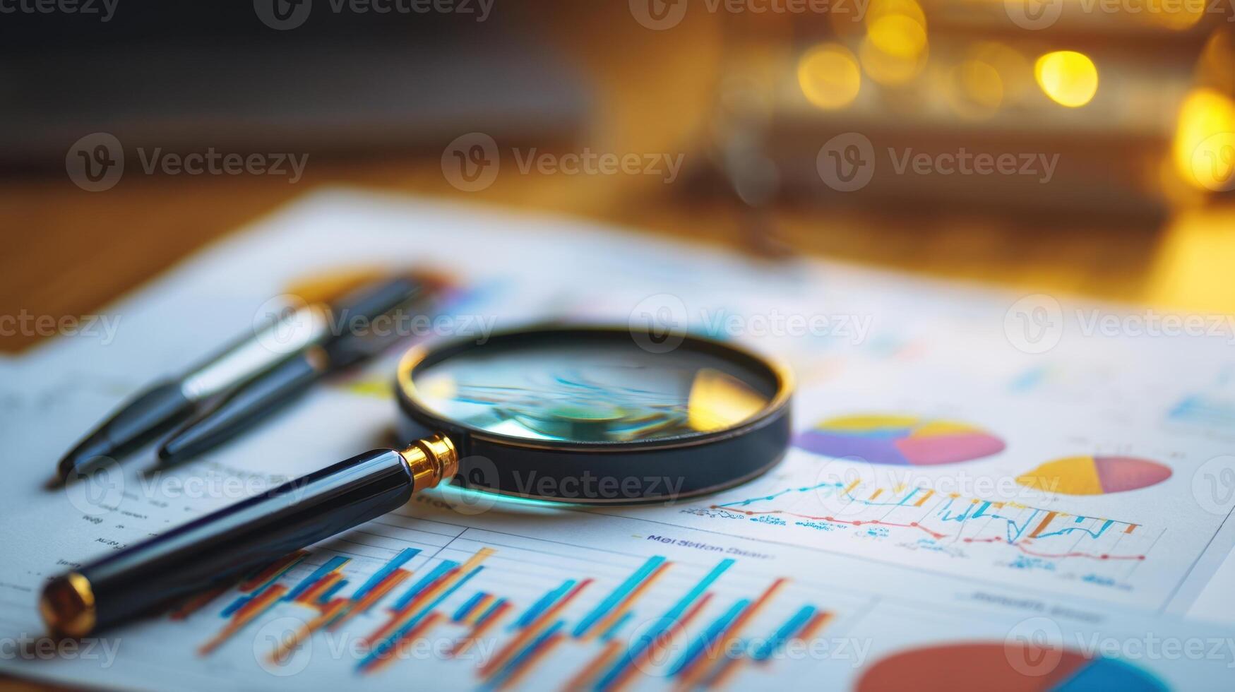 The magnifying glass reveals insights in a data analysis workspace. photo