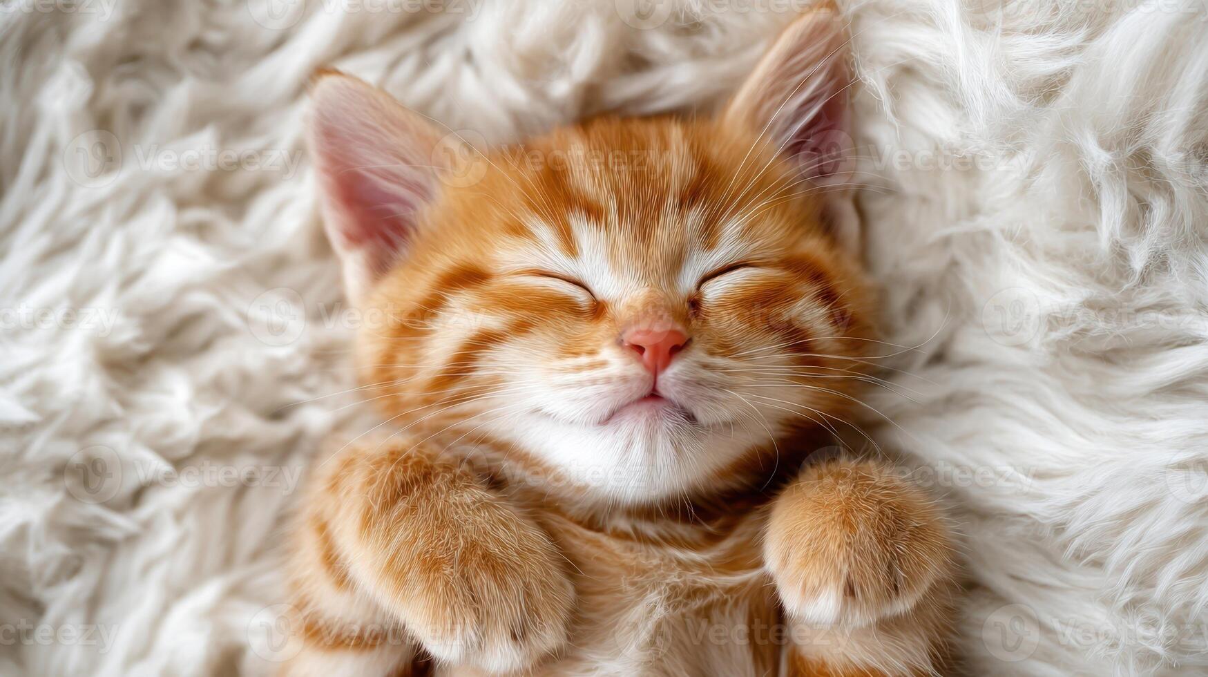 The adorable orange kitten sleeping peacefully on a fluffy blanket. photo