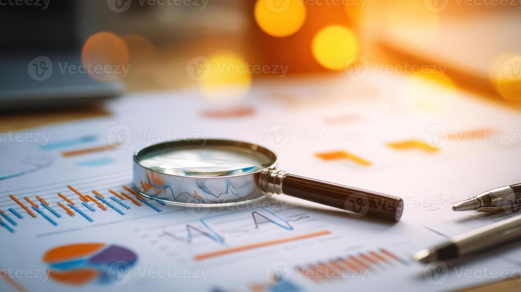 The magnifying glass highlighting critical data and analysis in a professional workspace. photo