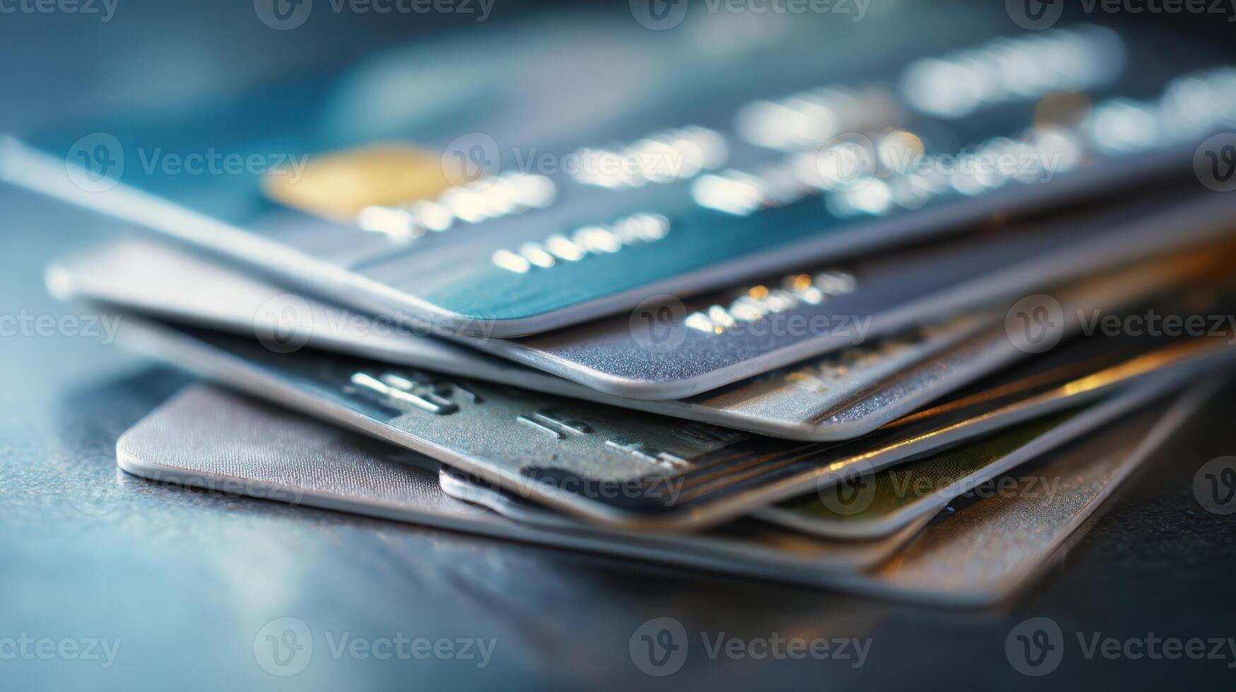 The stack of credit cards showing various designs and textures in a close-up view. photo