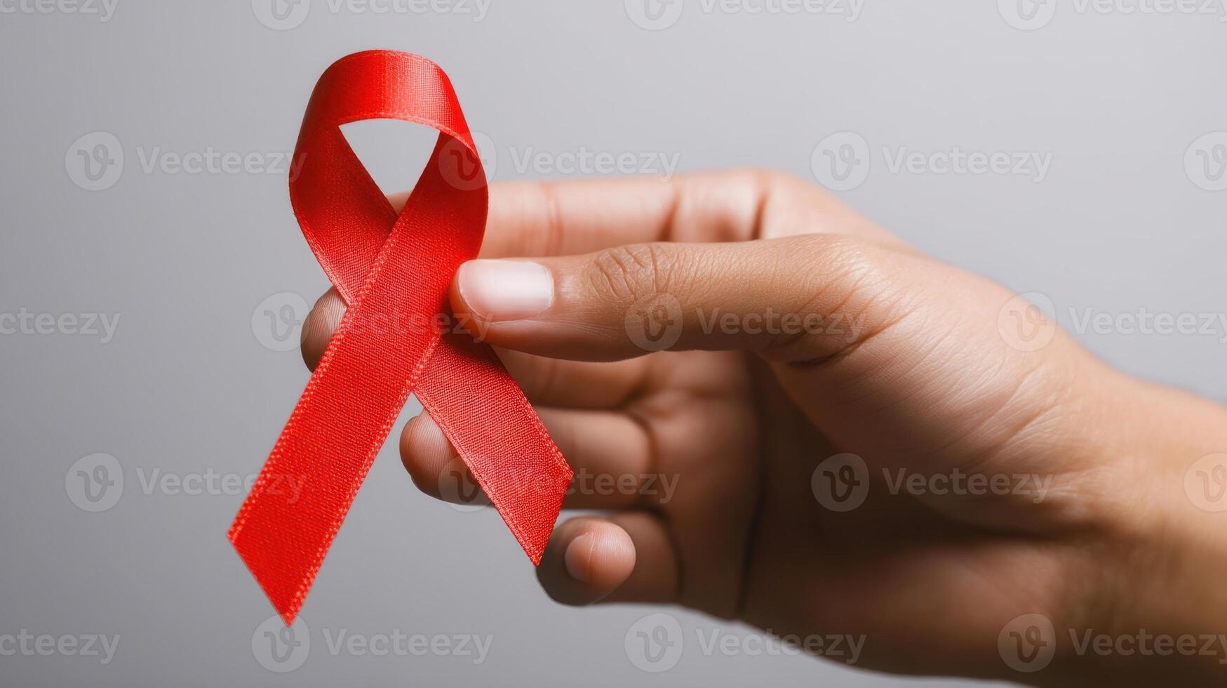 The hand holding a red ribbon symbolizing health awareness and support. photo