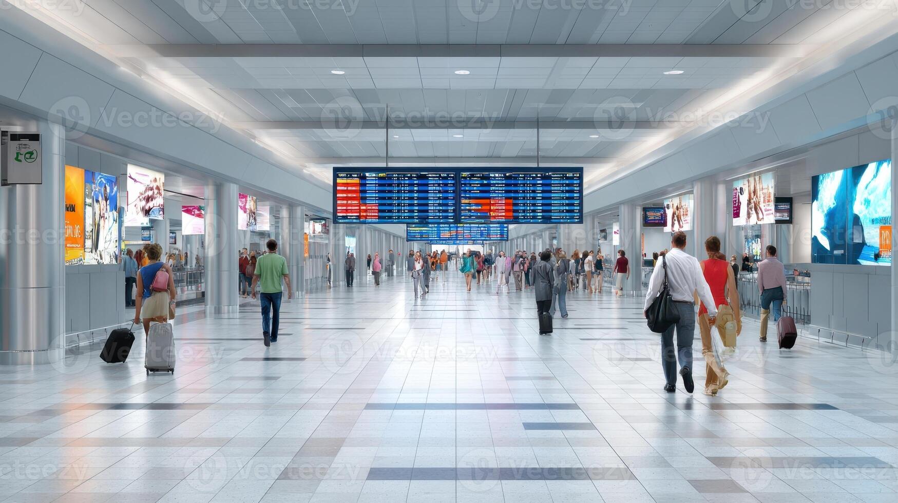 The busy airport terminal bustling with travelers and modern digital displays. photo