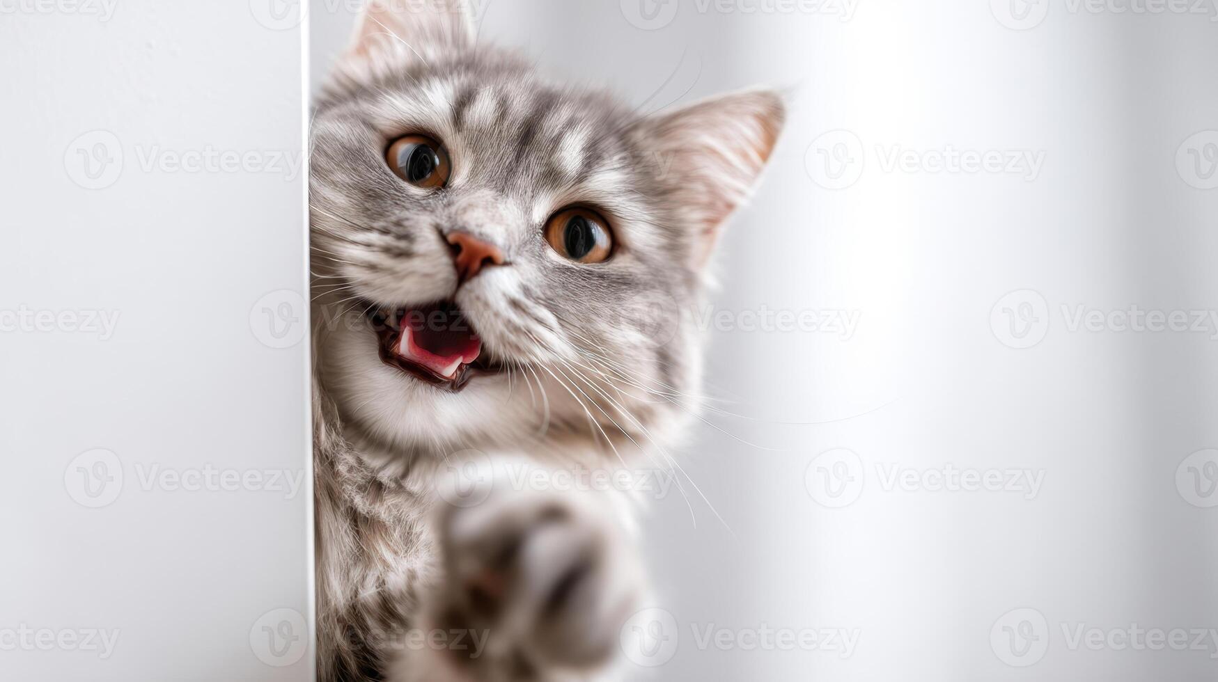 The playful cat reaching out with a joyful expression in a bright setting. photo