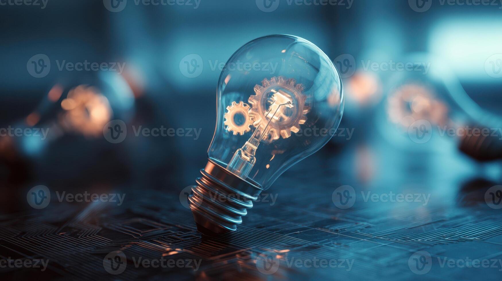 The luminous lightbulb showcasing intricate gears and innovative design elements. photo