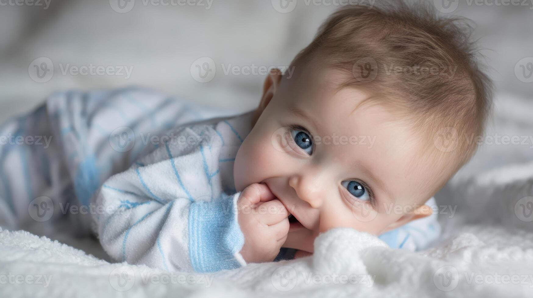 The adorable baby laying on a soft blanket, exploring with curious eyes. photo
