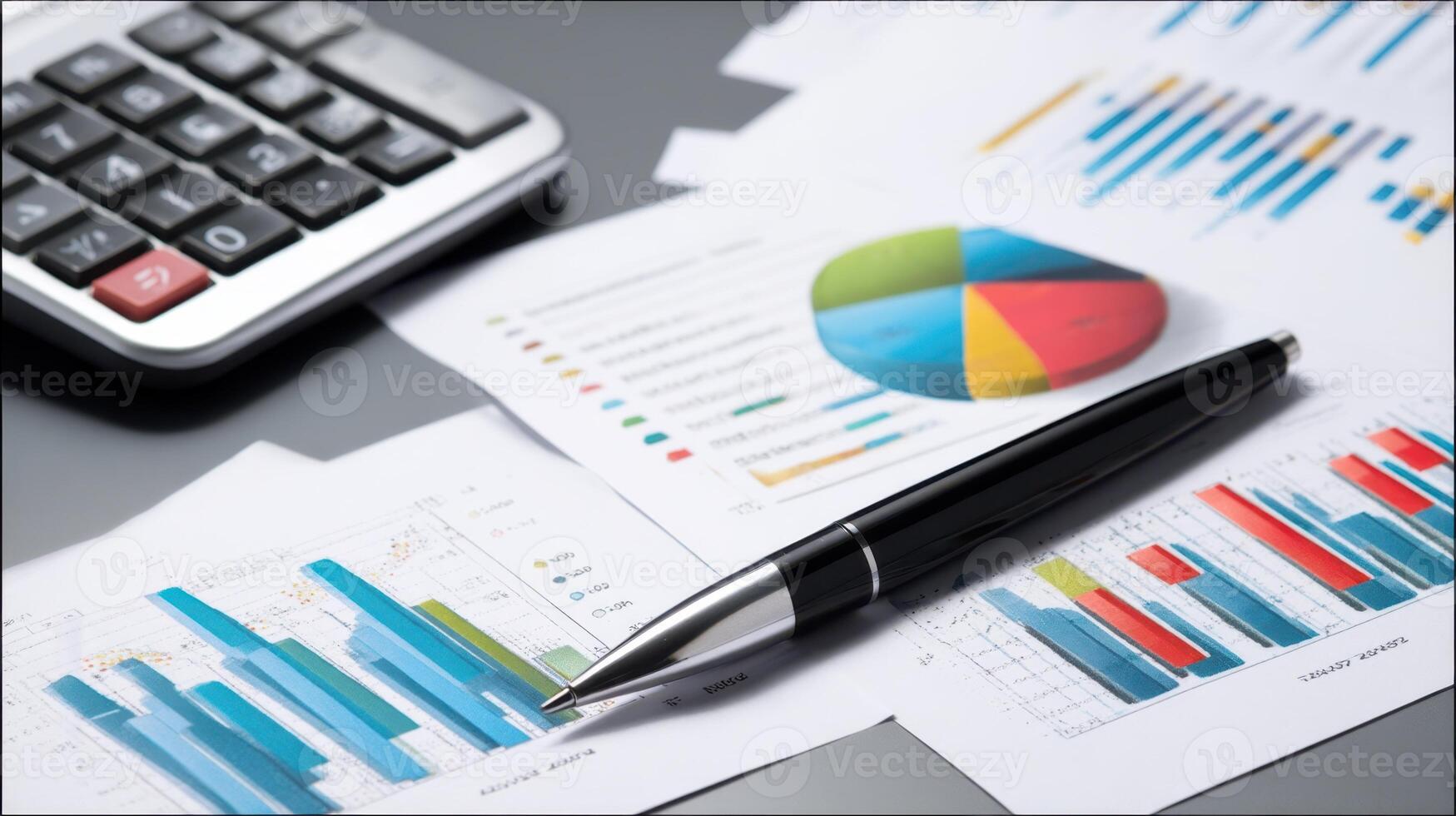 The business analysis tools including charts, graphs, and calculations on a workspace. photo