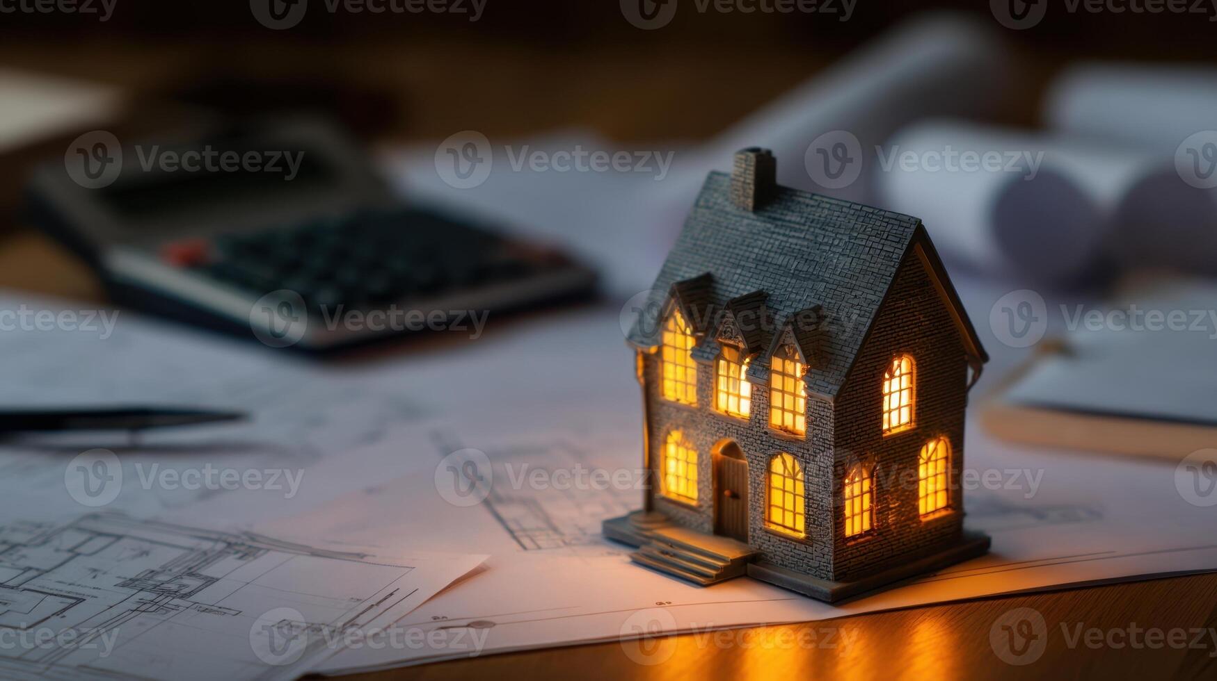 The illuminated model home on a table surrounded by architectural plans and tools. photo