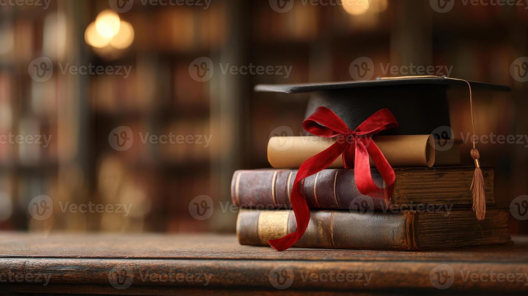 The graduation cap resting on classic books in a serene library setting. photo