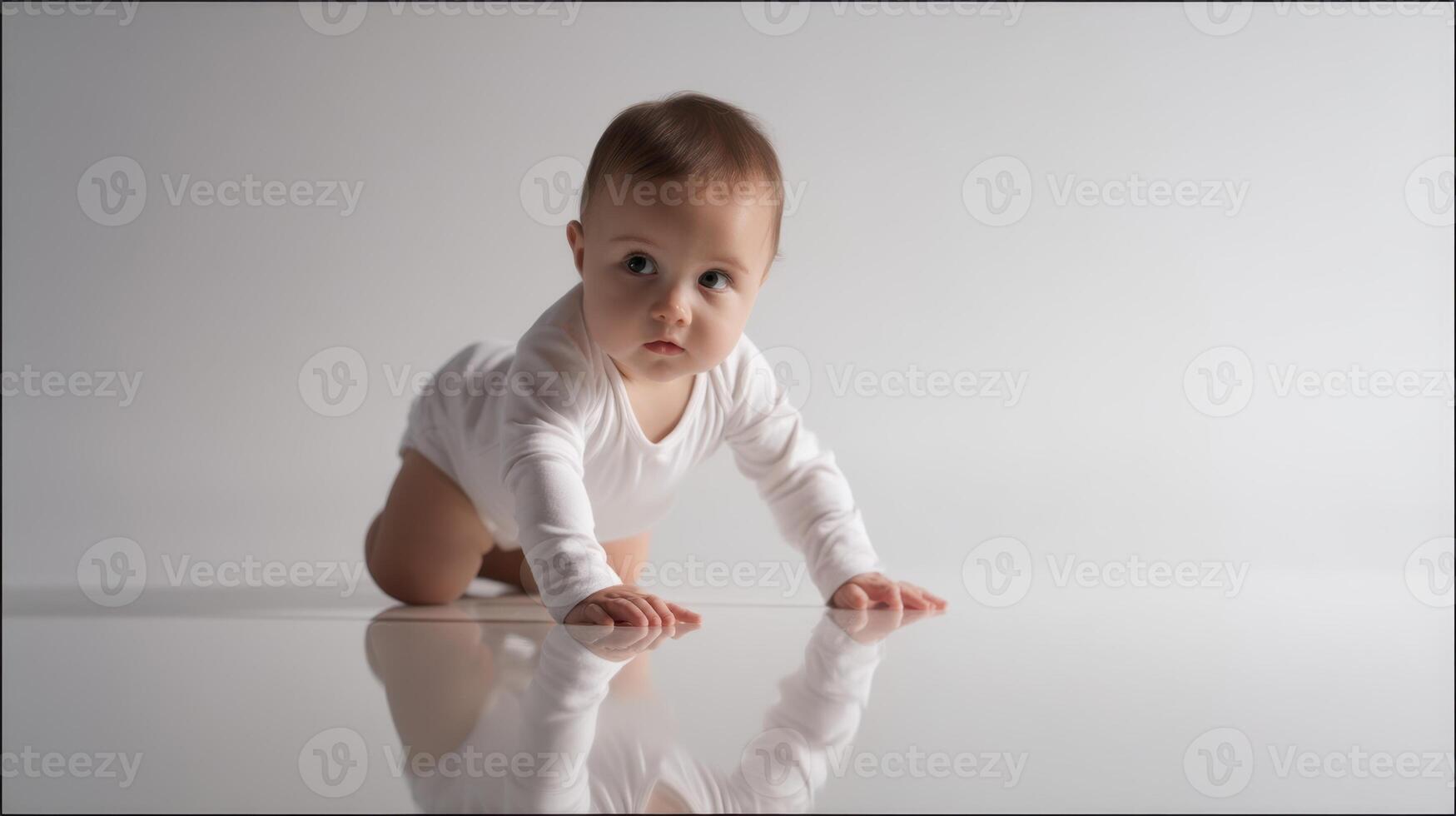 The adorable baby crawling on a reflective surface, showcasing curiosity and innocence. photo
