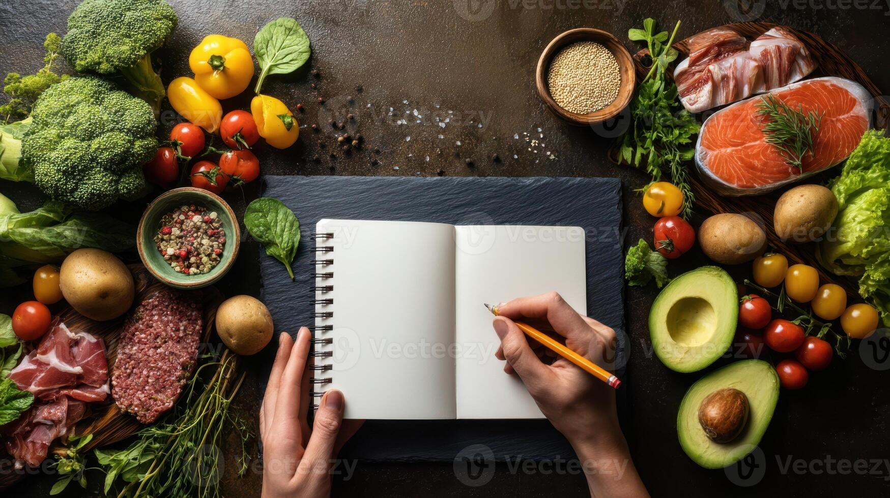 The hand writing in a notebook surrounded by fresh ingredients for cooking photo