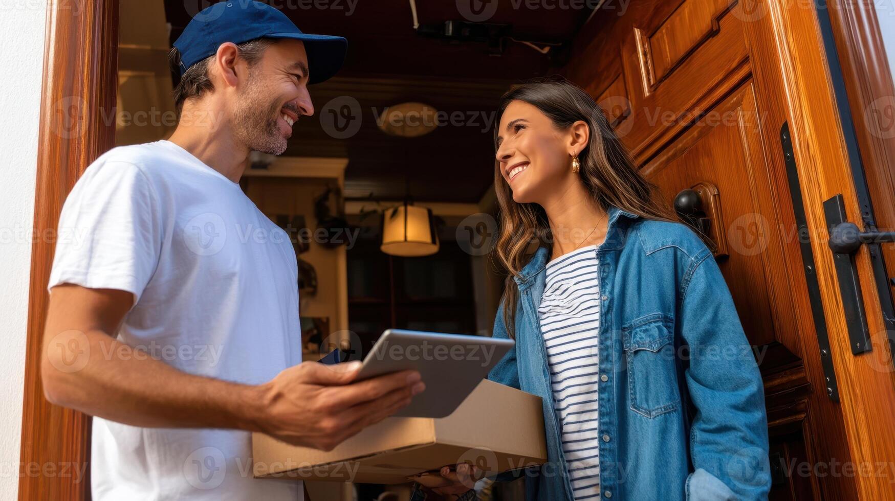 The friendly delivery of a package at the doorstep creates a joyful moment. photo