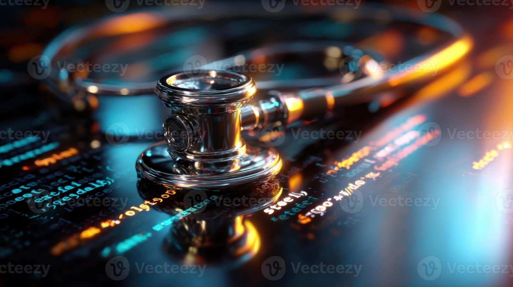 The stethoscope resting on digital data representing modern healthcare technology. photo