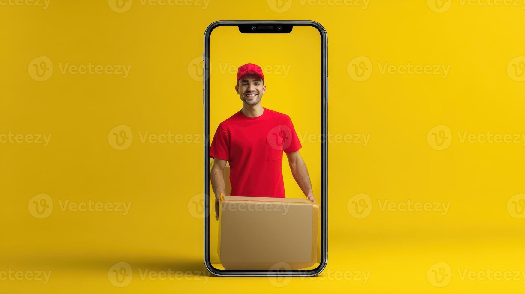 The smiling courier delivering a package through a smartphone screen. photo