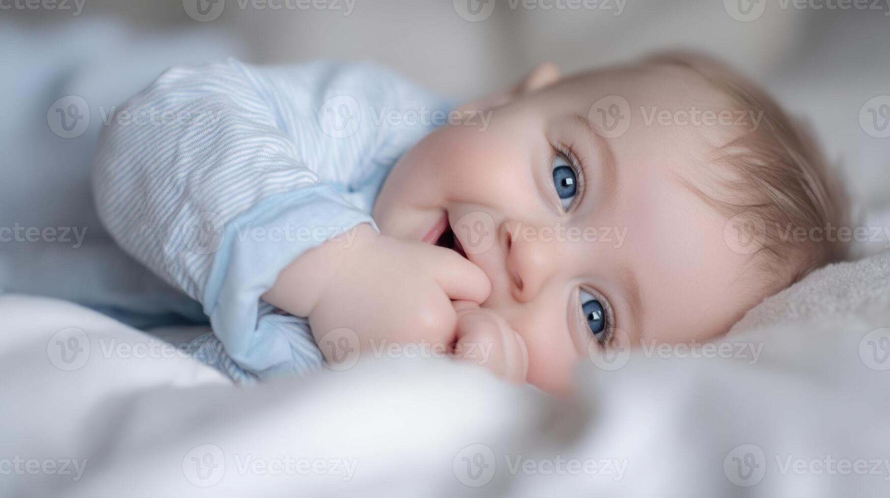 The adorable baby smiling while lying on soft bedding with joyful eyes. photo