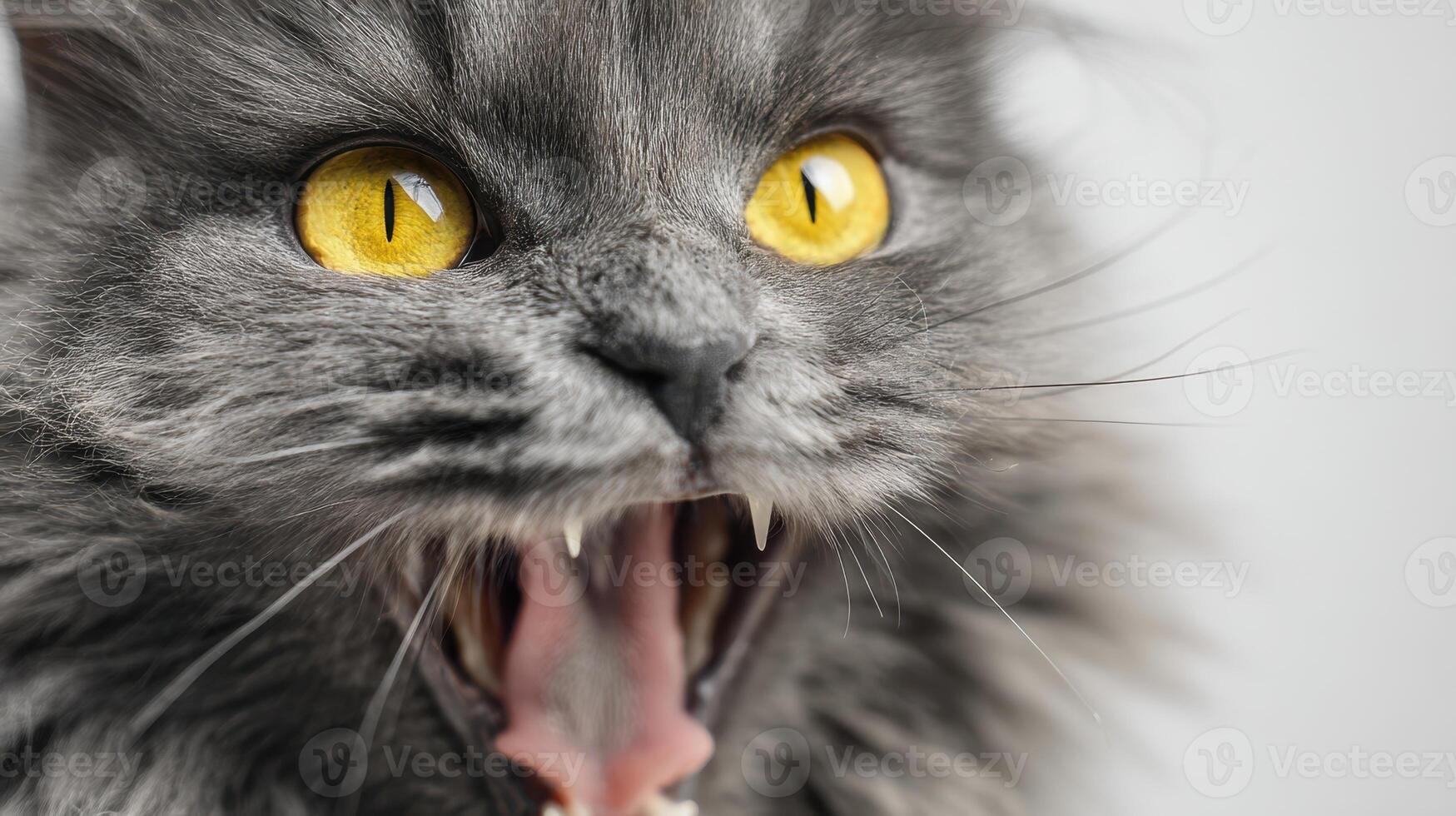 The expressive gray cat showcasing its vibrant yellow eyes and fierce demeanor. photo