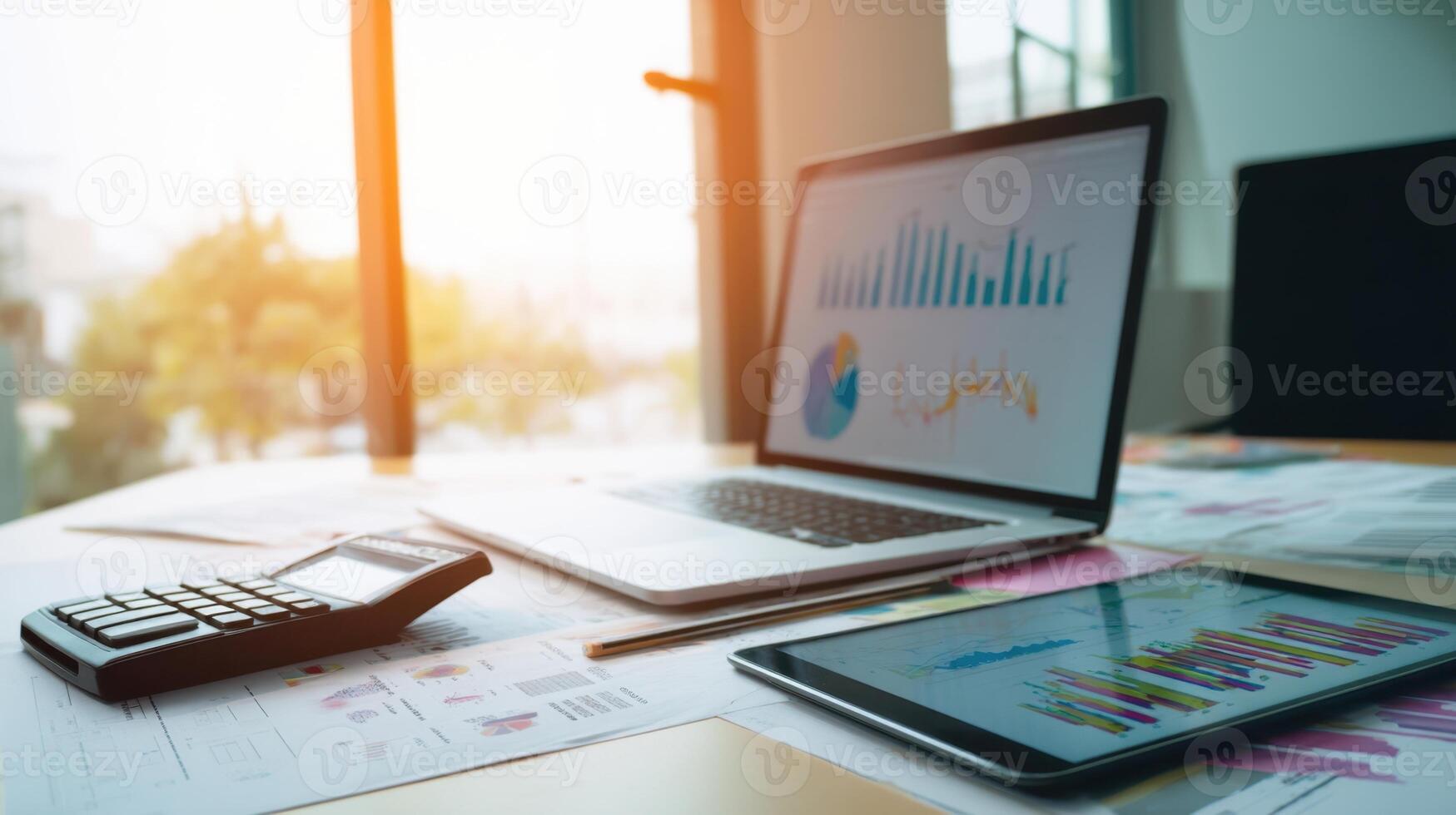 The laptop displaying data analytics in a modern business workspace setting. photo